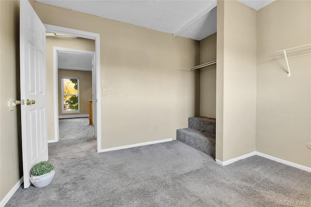 spacious closet with carpet flooring and a baseboard heating unit