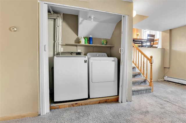 laundry area featuring separate washer and dryer, light colored carpet, and baseboard heating