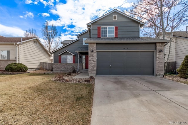 traditional home with a garage, brick siding, a shingled roof, driveway, and a front lawn