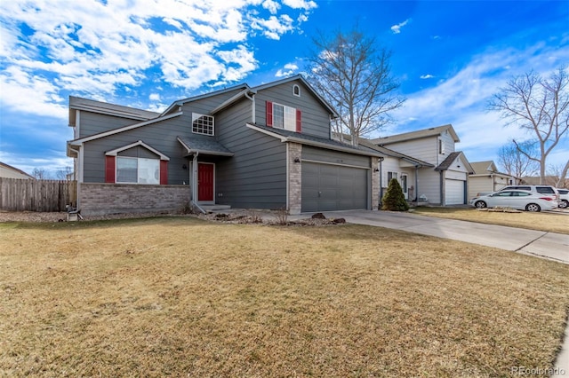 traditional-style home with a front yard, brick siding, fence, and driveway