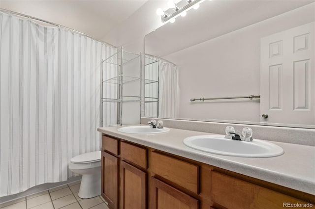 bathroom with toilet, double vanity, a sink, and tile patterned floors