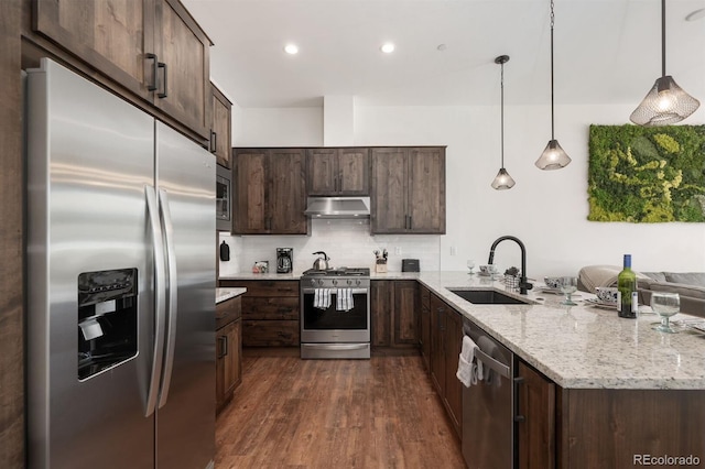 166 Hay Meadow Dr, Fraser, CO 80442 - kitchen with stainless steel appliances, under cabinet range hood, a sink, dark brown cabinets, and dark wood-style floors