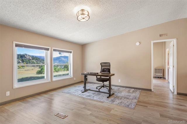 office space featuring light wood-type flooring and a textured ceiling