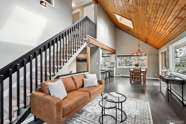 living room with dark hardwood / wood-style flooring, wood ceiling, a skylight, and high vaulted ceiling