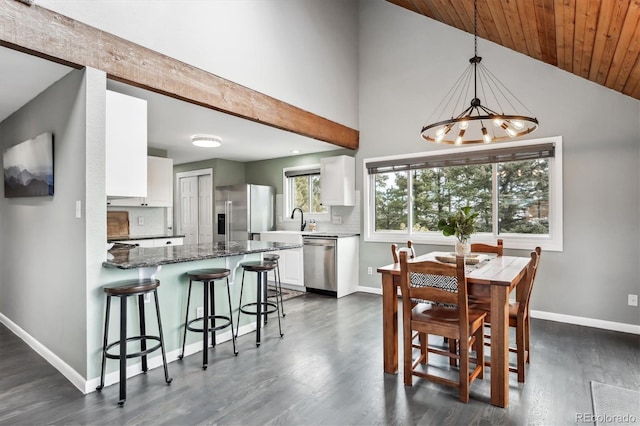 dining space featuring vaulted ceiling, sink, a chandelier, dark hardwood / wood-style flooring, and wood ceiling