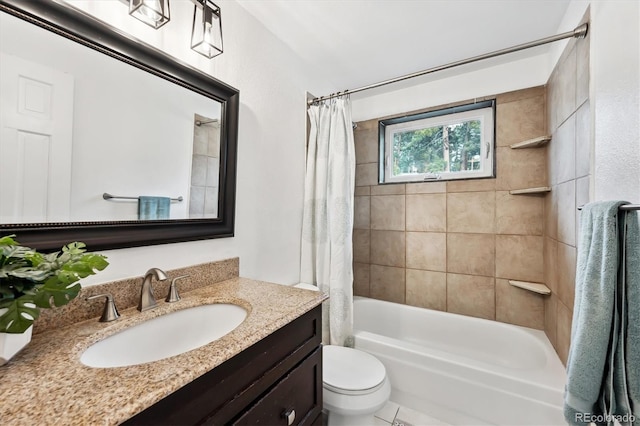 full bathroom featuring vanity, shower / tub combo, and toilet