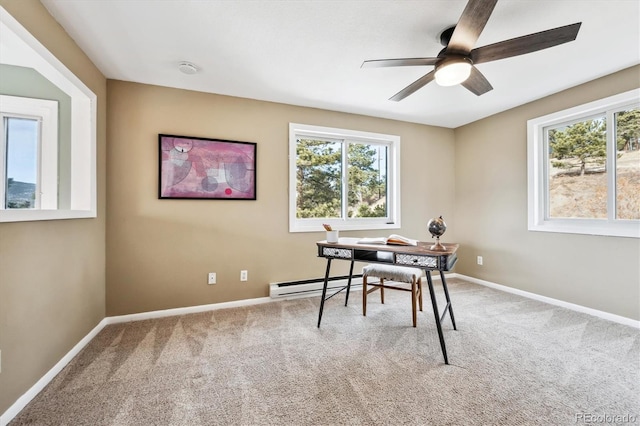 home office featuring plenty of natural light, carpet flooring, and a baseboard heating unit