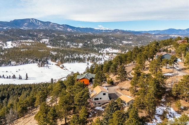 snowy aerial view with a mountain view