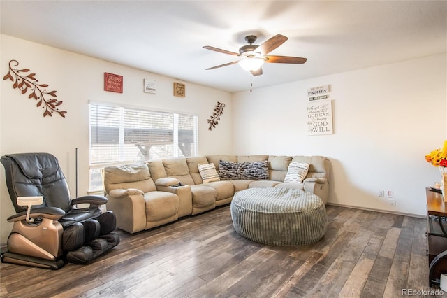 living room with dark hardwood / wood-style flooring and ceiling fan