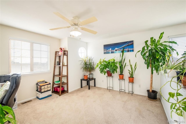 carpeted office space featuring ceiling fan