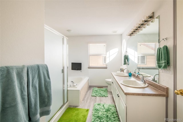 full bathroom with vanity, hardwood / wood-style floors, toilet, and a healthy amount of sunlight