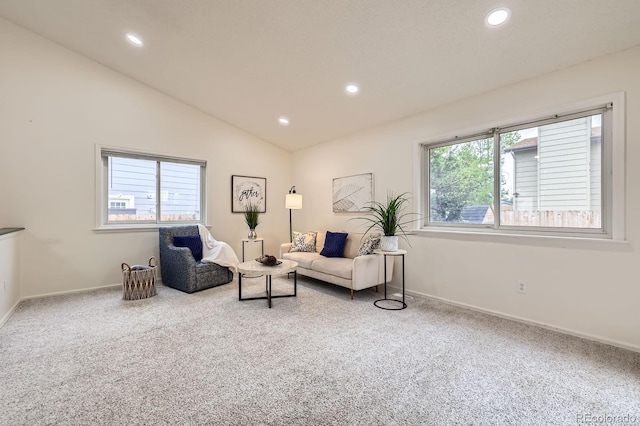 3455 Sun River Pl, Colorado Springs, CO 80920 - living room featuring carpet flooring, recessed lighting, baseboards, and lofted ceiling