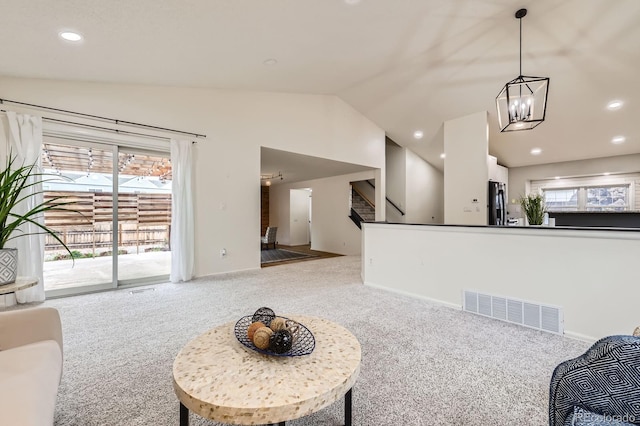 3455 Sun River Pl, Colorado Springs, CO 80920 - living room with carpet floors, a chandelier, vaulted ceiling, baseboards, and recessed lighting