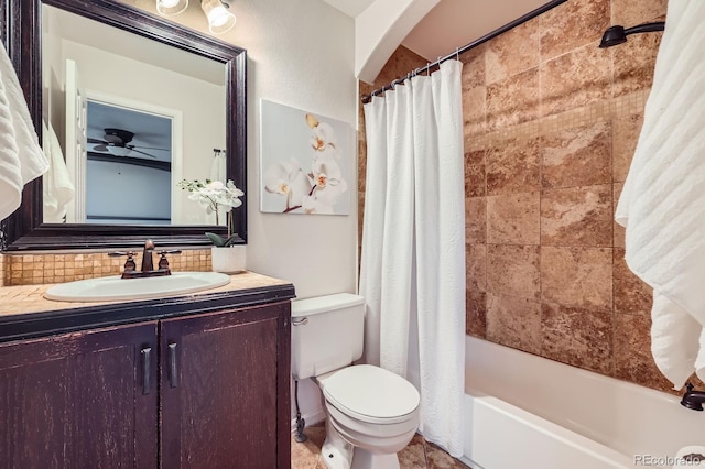 3455 Sun River Pl, Colorado Springs, CO 80920 - bathroom with decorative backsplash, vanity, toilet, shower / bathtub combination with curtain, and ceiling fan