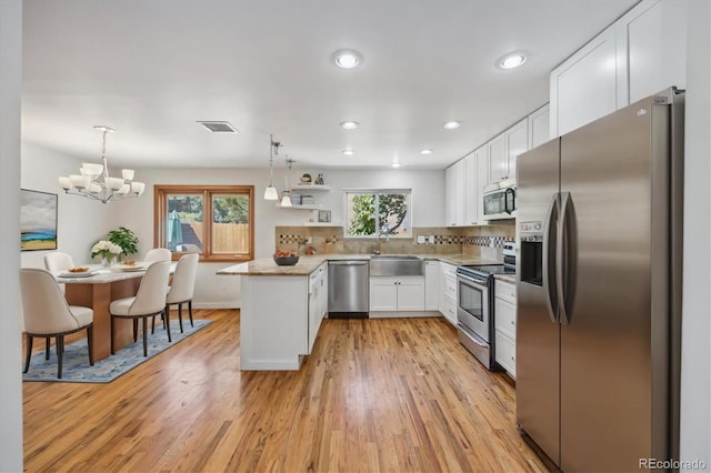 kitchen with white cabinets, light hardwood / wood-style flooring, sink, pendant lighting, and stainless steel appliances