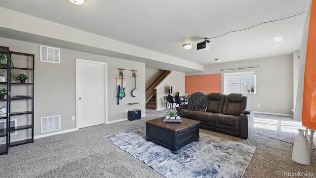 8308 Needle Drop Ct, Colorado Springs, CO 80908 - carpeted living room with stairs and baseboards