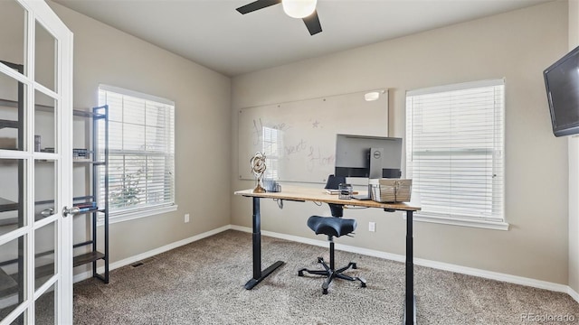 8308 Needle Drop Ct, Colorado Springs, CO 80908 - carpeted office with french doors and a ceiling fan