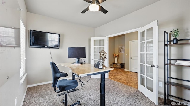 8308 Needle Drop Ct, Colorado Springs, CO 80908 - office with french doors, ceiling fan, and carpet floors