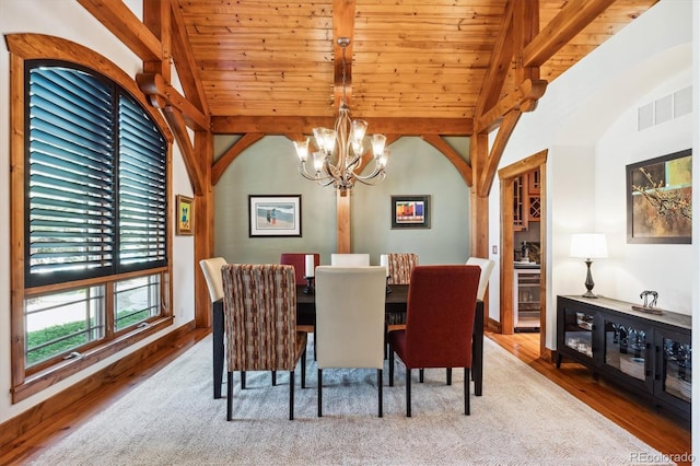 dining room featuring wine cooler, wood ceiling, a chandelier, lofted ceiling with beams, and hardwood / wood-style flooring