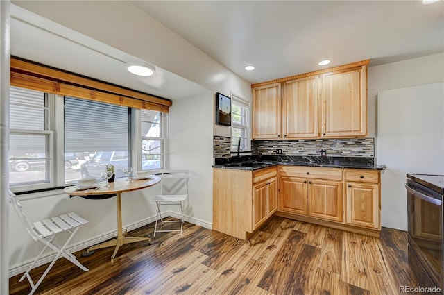 4130 S Elati St, Englewood, CO 80110 - kitchen with electric range, dark wood finished floors, light brown cabinets, tasteful backsplash, and recessed lighting