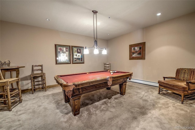 rec room with light colored carpet, baseboard heating, and pool table