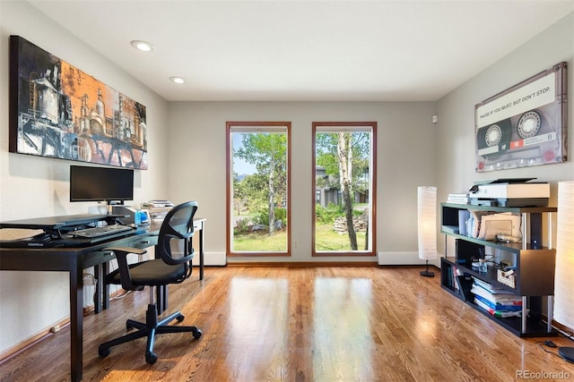 2122 Cramner Ct, Evergreen, CO 80439 - office area featuring wood finished floors, baseboards, and recessed lighting