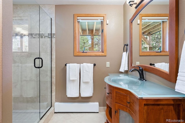2122 Cramner Ct, Evergreen, CO 80439 - full bath with vanity, a shower stall, a baseboard heating unit, and tile patterned flooring