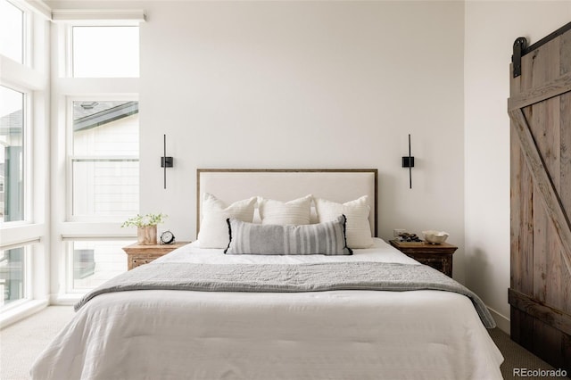 bedroom featuring a barn door and carpet