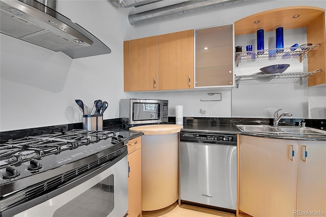kitchen featuring a sink, open shelves, wall chimney range hood, and stainless steel appliances
