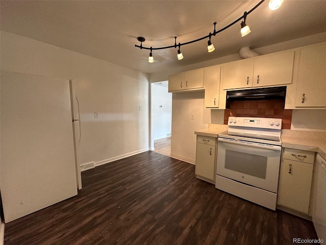 kitchen featuring rail lighting, dark wood-type flooring, electric range, ventilation hood, and tasteful backsplash