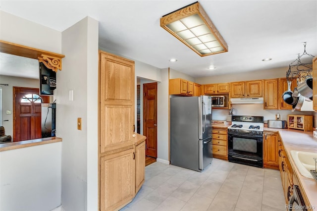 9040 Raleigh St, Westminster, CO 80031 - kitchen featuring appliances with stainless steel finishes, under cabinet range hood, light countertops, and recessed lighting