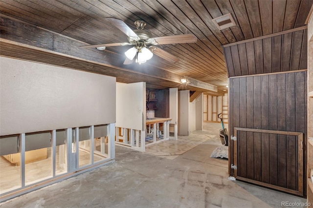 9040 Raleigh St, Westminster, CO 80031 - interior space with wood ceiling, unfinished concrete flooring, a ceiling fan, and wood walls