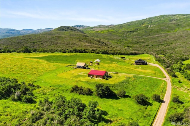 bird's eye view featuring a mountain view and a rural view