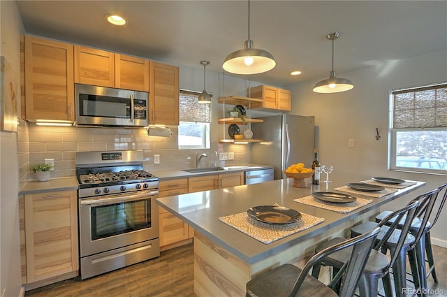 kitchen featuring appliances with stainless steel finishes, light brown cabinets, dark wood-style flooring, and a sink