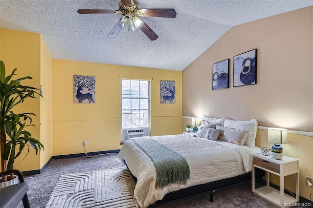 carpeted bedroom featuring a ceiling fan, a textured ceiling, baseboards, cooling unit, and vaulted ceiling
