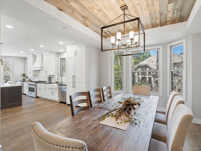 dining room with a chandelier, plenty of natural light, wooden ceiling, light wood-type flooring, and recessed lighting