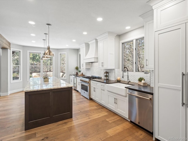 kitchen featuring appliances with stainless steel finishes, premium range hood, a sink, plenty of natural light, and recessed lighting