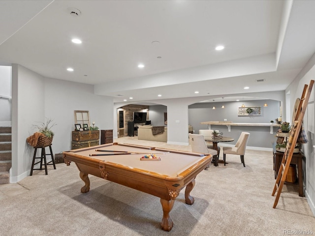 playroom featuring light carpet, recessed lighting, billiards table, and baseboards