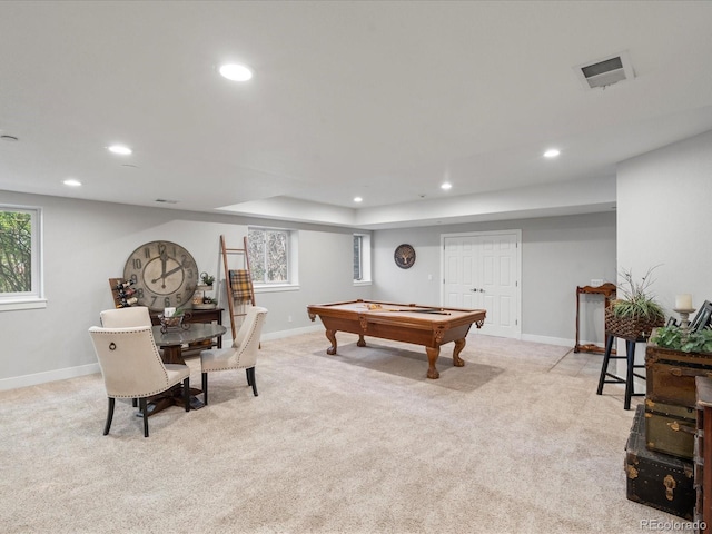 playroom featuring recessed lighting, pool table, light colored carpet, and baseboards