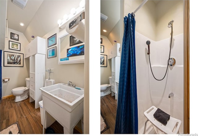 115 Lions Gate Dr, Winter Park, CO 80482 - bathroom featuring toilet, a shower with shower curtain, and wood finished floors