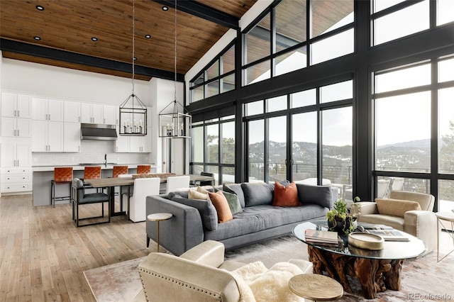 living room featuring wood ceiling, a towering ceiling, a notable chandelier, and a mountain view