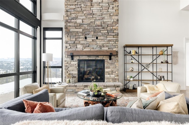 living room featuring a mountain view, hardwood / wood-style flooring, a wealth of natural light, and a stone fireplace