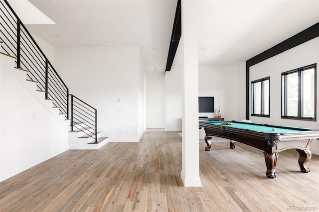 rec room featuring billiards and light hardwood / wood-style floors