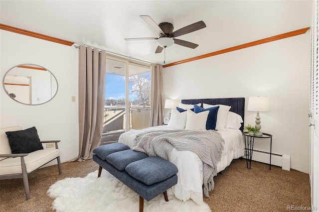 carpeted bedroom featuring baseboard heating, ceiling fan, and ornamental molding