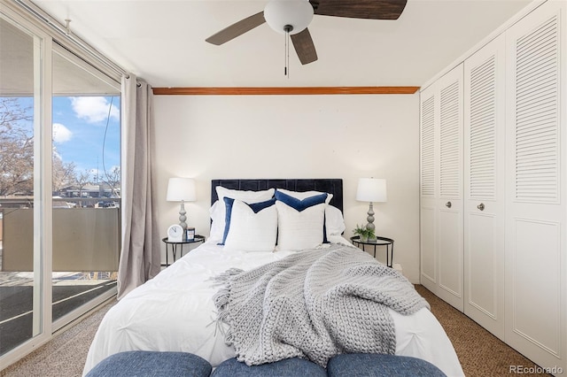 bedroom featuring ceiling fan, crown molding, access to outside, a closet, and carpet