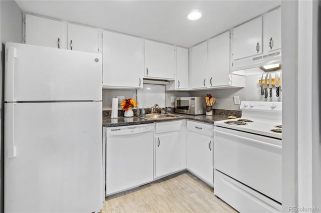 kitchen with white cabinetry, light wood-type flooring, white appliances, and sink