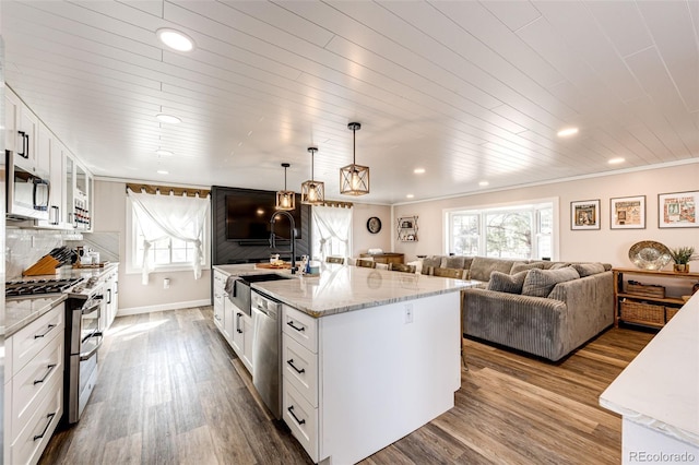 kitchen featuring a sink, appliances with stainless steel finishes, open floor plan, and a healthy amount of sunlight