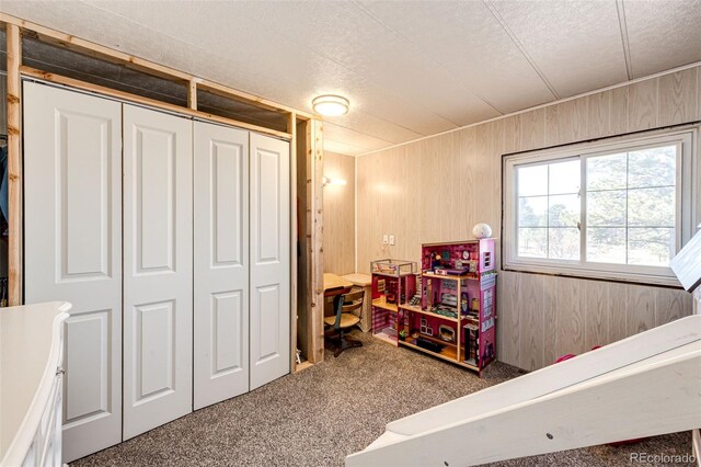 interior space with a closet, wooden walls, a textured ceiling, and carpet floors