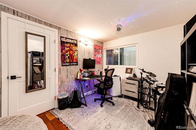 home office featuring wooden walls