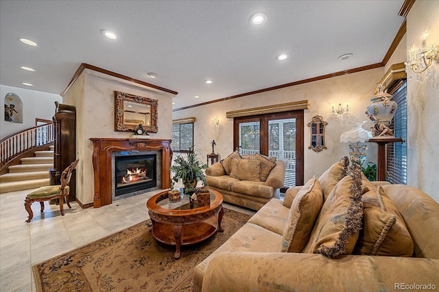 tiled living room featuring crown molding